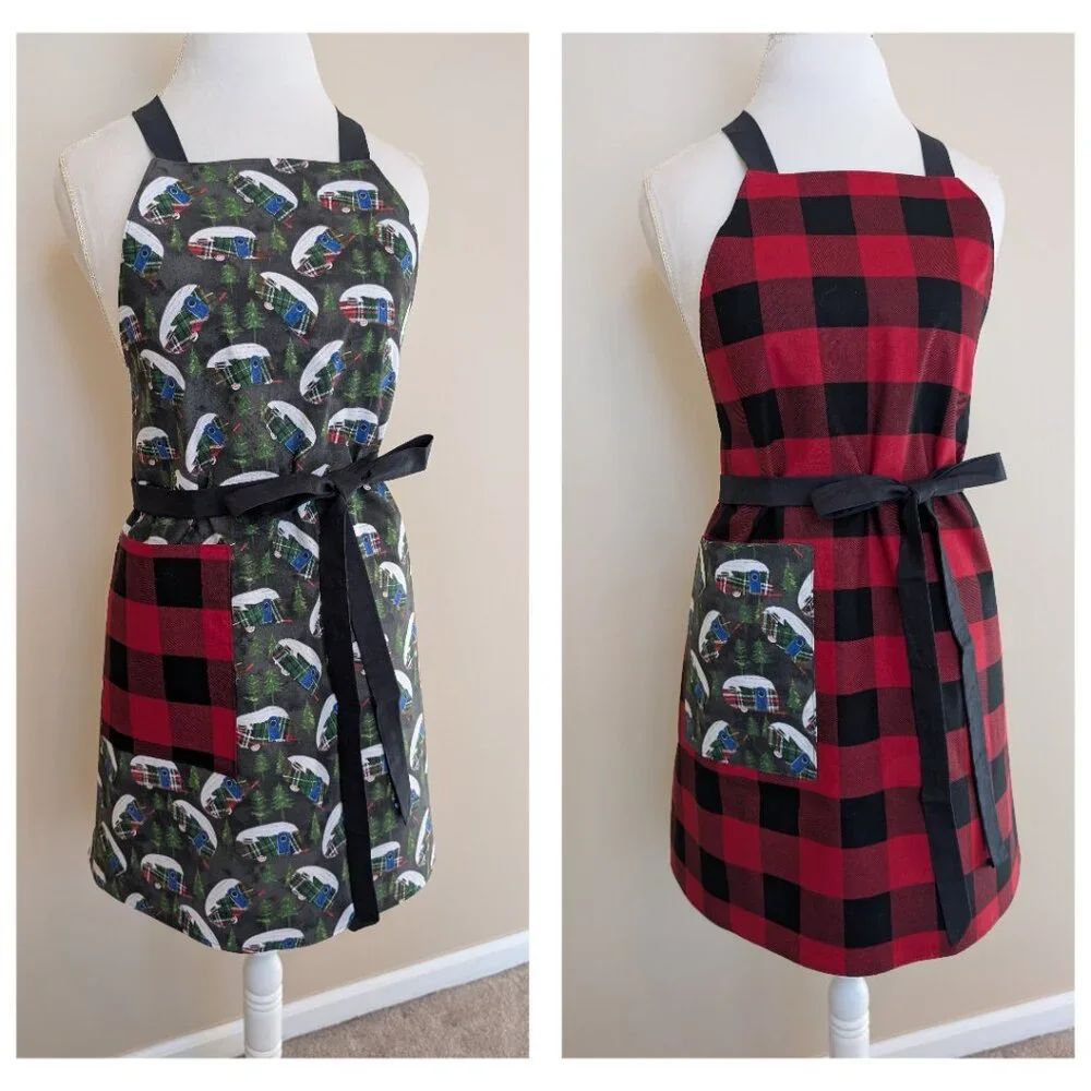 NWT Handmade Reversible Apron - Christmas campers and plaid - One Size - OOAK